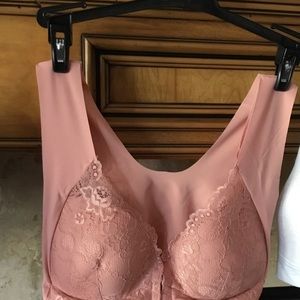 Dusty Pink bra, lace cups, high back, soft, stretchy, front fastening, large